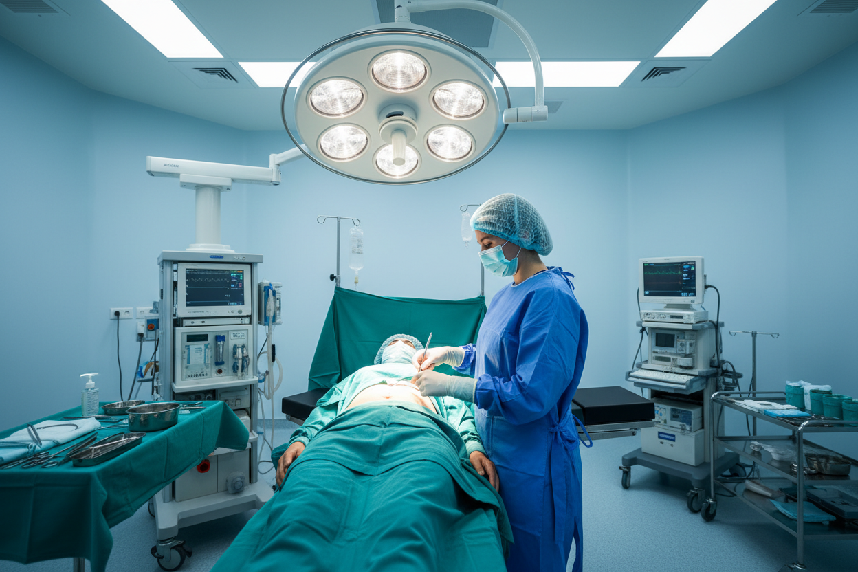 dame una imagen de un proceso de cirguia donde se ve al doctor y al paciente superficialmente