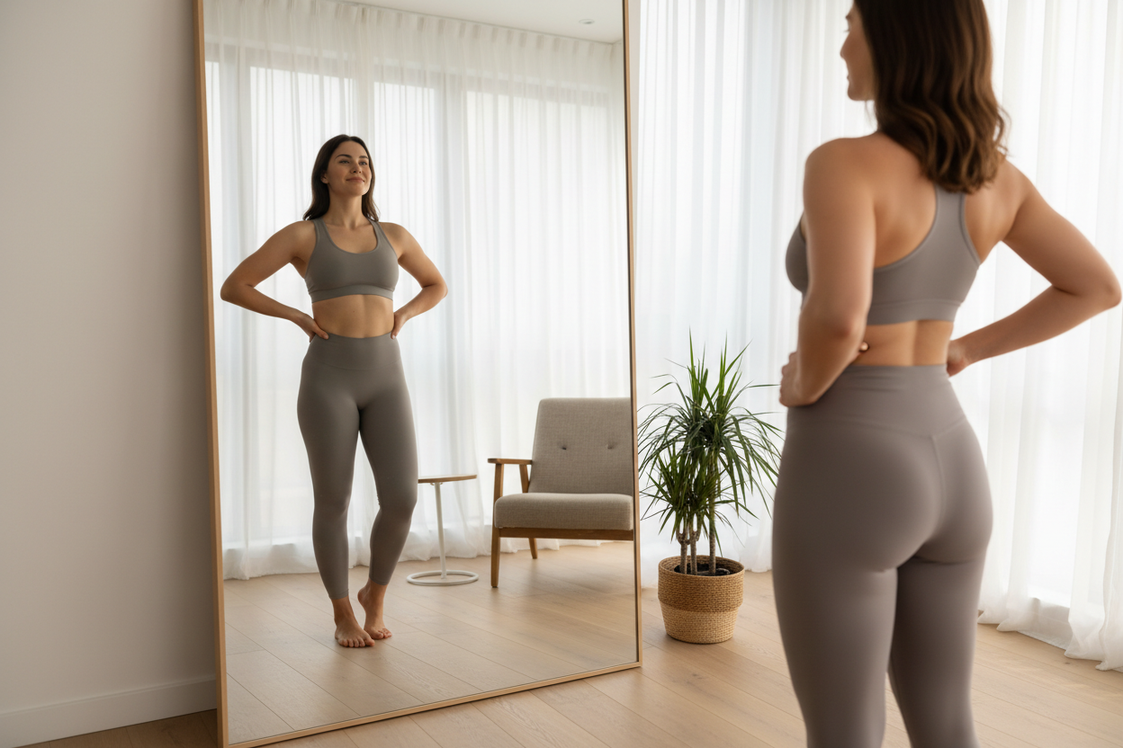 mujer mostrando su cuerpo frente a un espejo con cara de seguridad