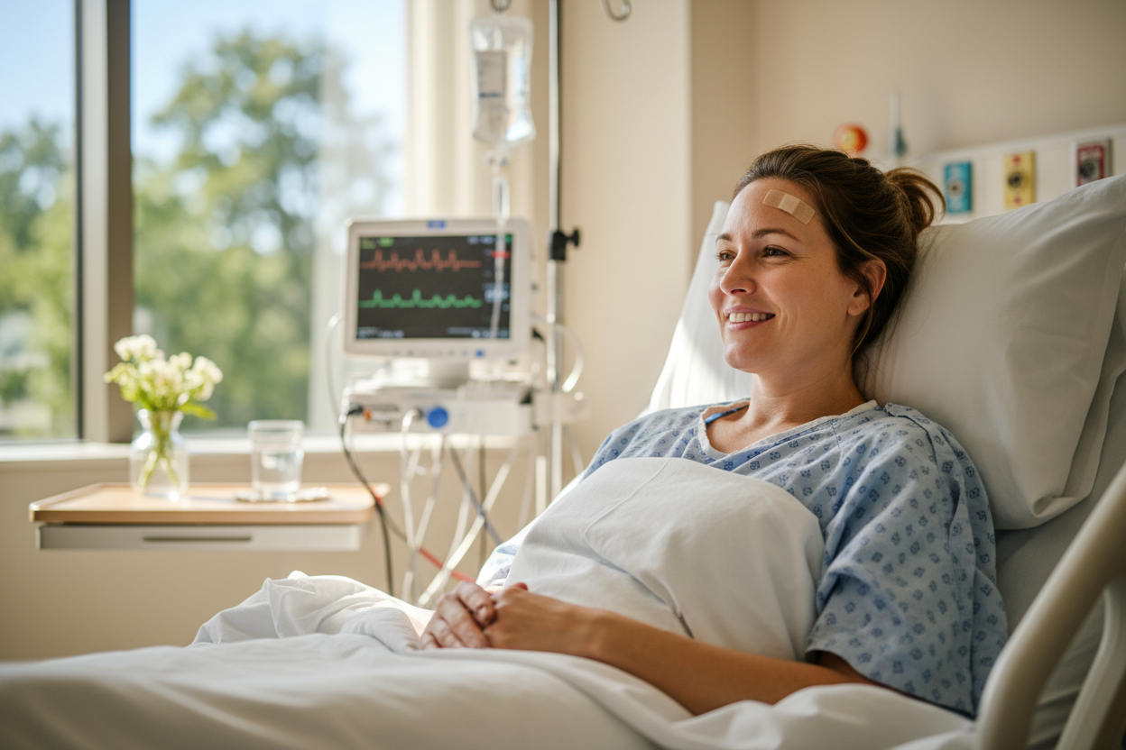 proceso de recuperacion de una mujer despues de hacerse una cirugia, con cara de felicidad por el procedimiento